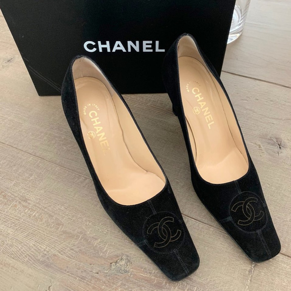 CHANEL Shoes - Chanel Black Suede CC Logo Square Toe Pumps